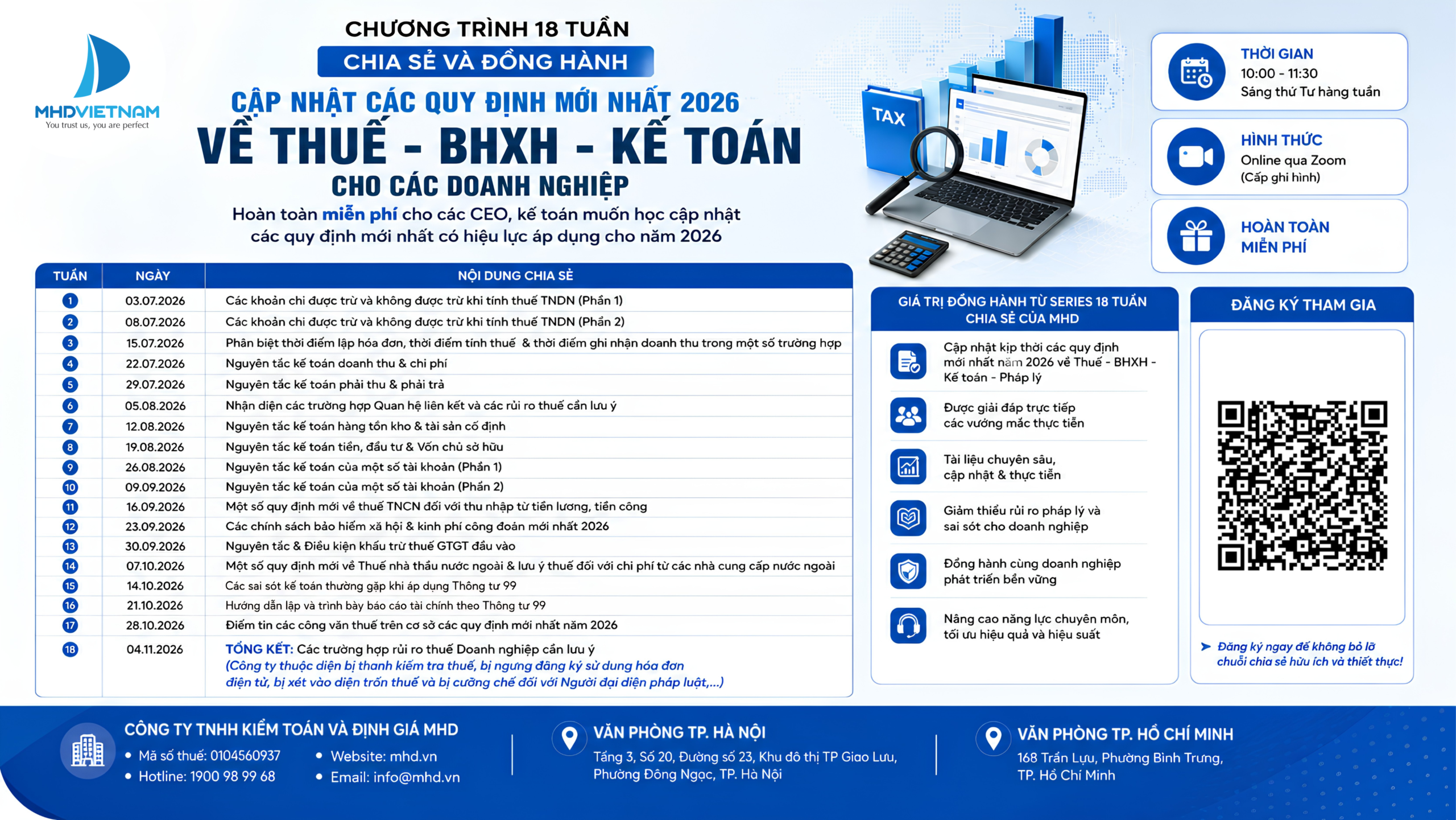Webinar miễn phí: Chương trình 18 tuần chia sẻ và đồng hành – Cập nhật các quy định mới nhất 2026 về Thuế, BHXH và Kế toán cho doanh nghiệp